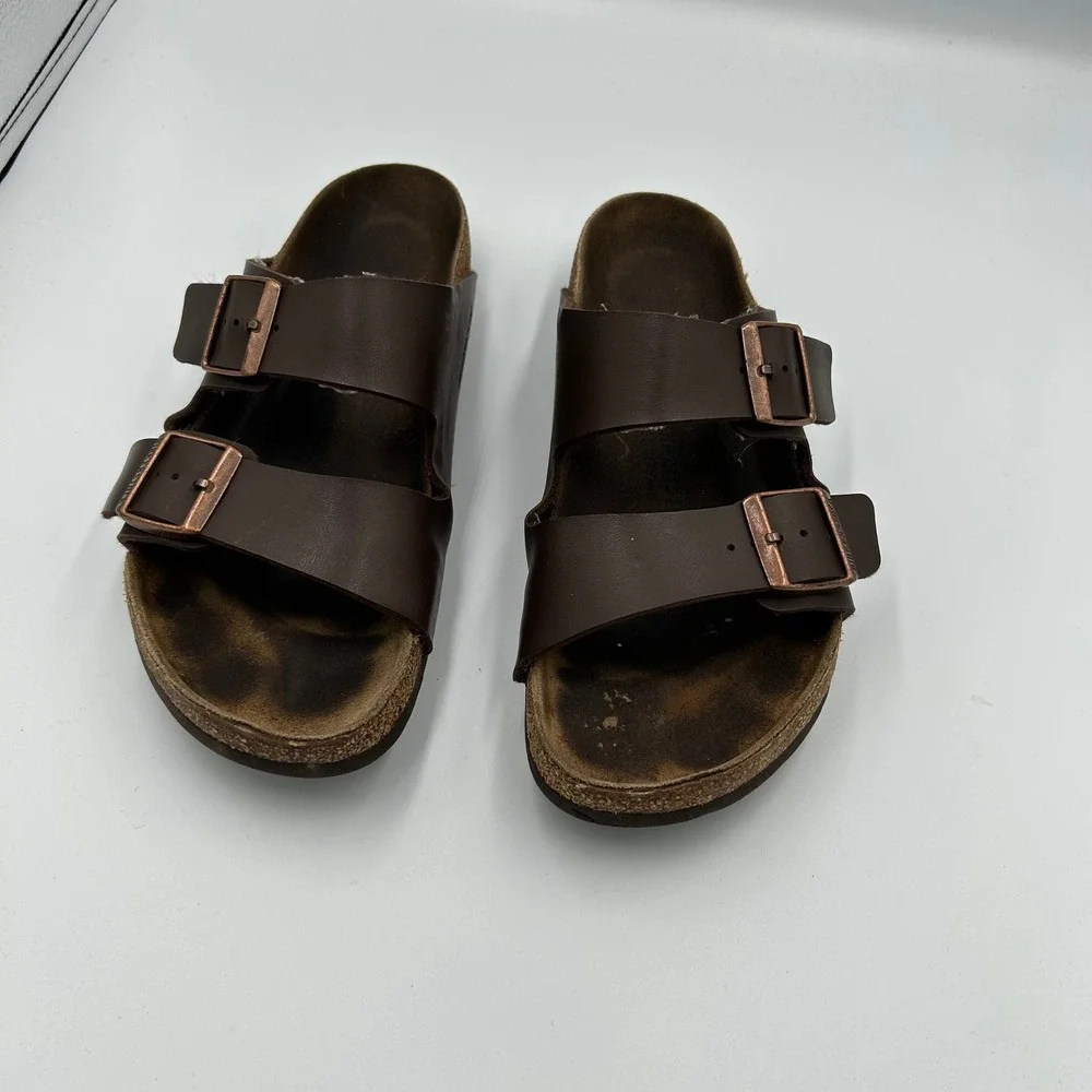 Birkenstock Arizona Sandals Mens 40 Brown Birko-Flor Two Strap Slides